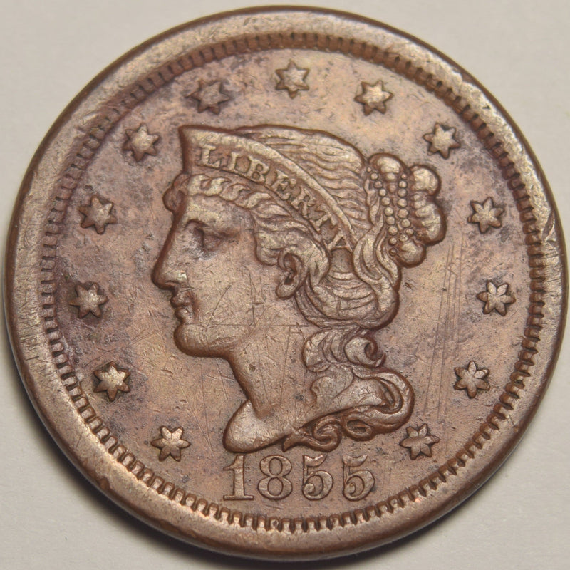 1855 Upright 55 Braided Hair Large Cent . . . . Extremely Fine