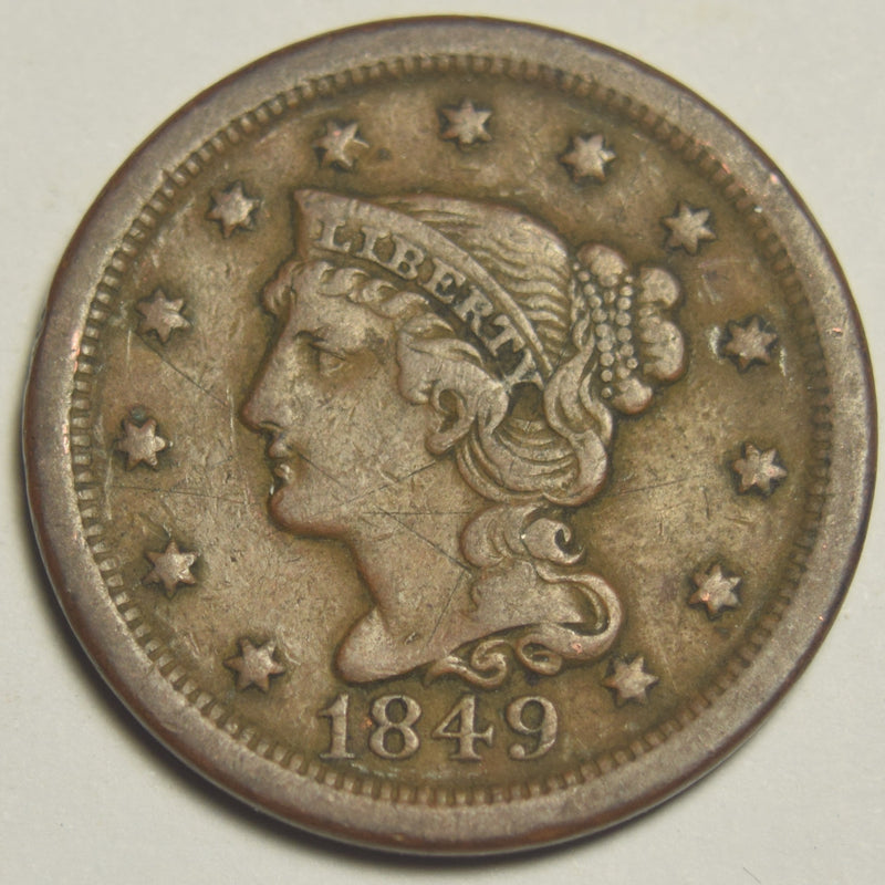 1849 Braided Hair Large Cent XF scratches