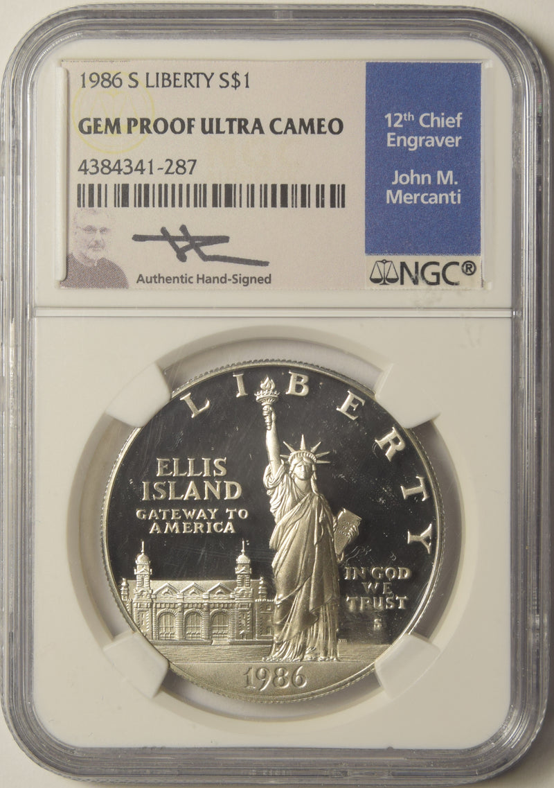 1986-S Statue of Liberty Silver Dollar . . . . NGC Gem Proof Ultra Cameo John M. Mercanti Autograph