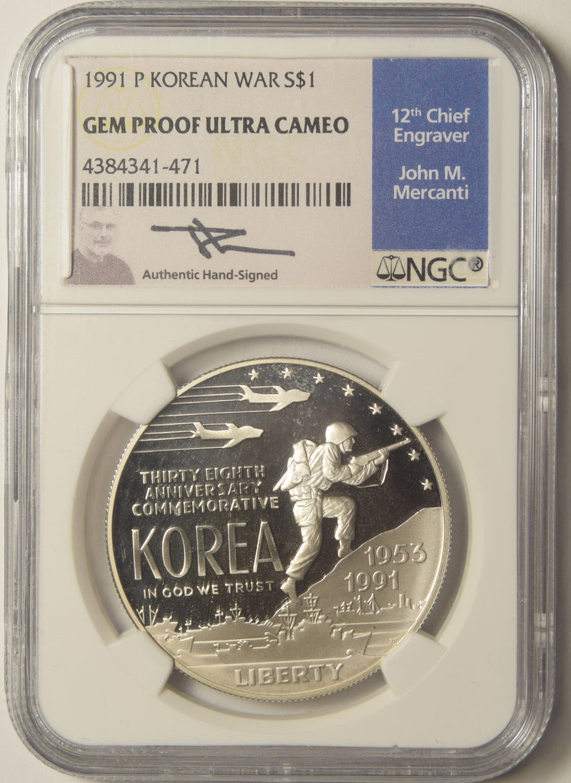 1991-P Korean War Dollar . . . . NGC Gem Proof Ultra Cameo John M. Mercanti Autograph, 12th Chief Engraver