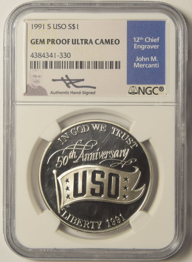 1991-S USO Dollar . . . . NGC Gem Proof Ultra Cameo John M. Mercanti Autograph, 12th Chief Engraver