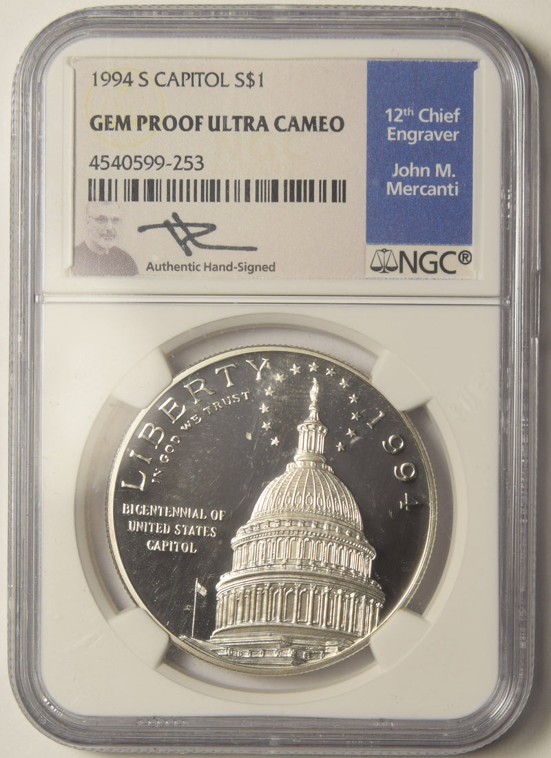 1994-S Capitol Dollar . . . . NGC Gem Proof Ultra Cameo John M. Mercanti Autograph, 12th Chief Engraver