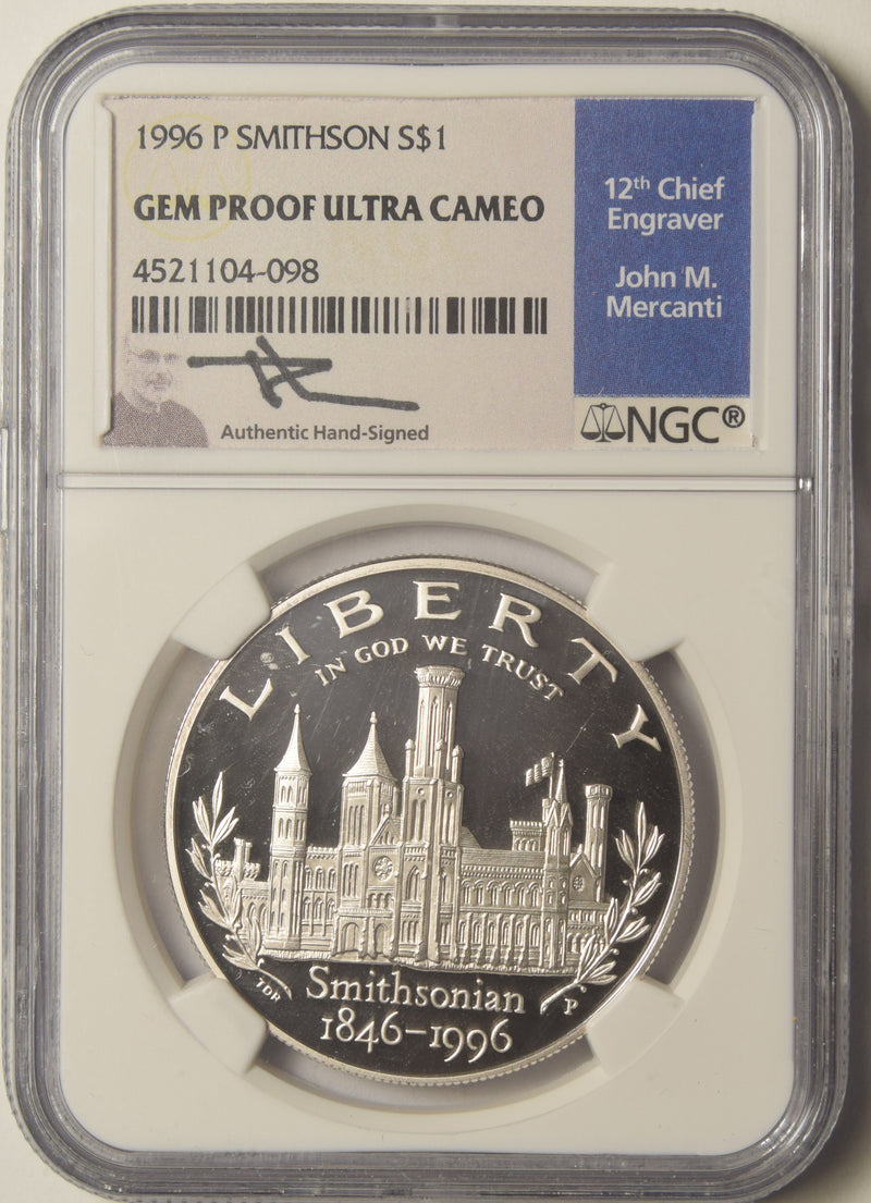 1996-P Smithsonian Dollar . . . . NGC Gem Proof Ultra Cameo John M. Mercanti Autograph, 12th Chief Engraver