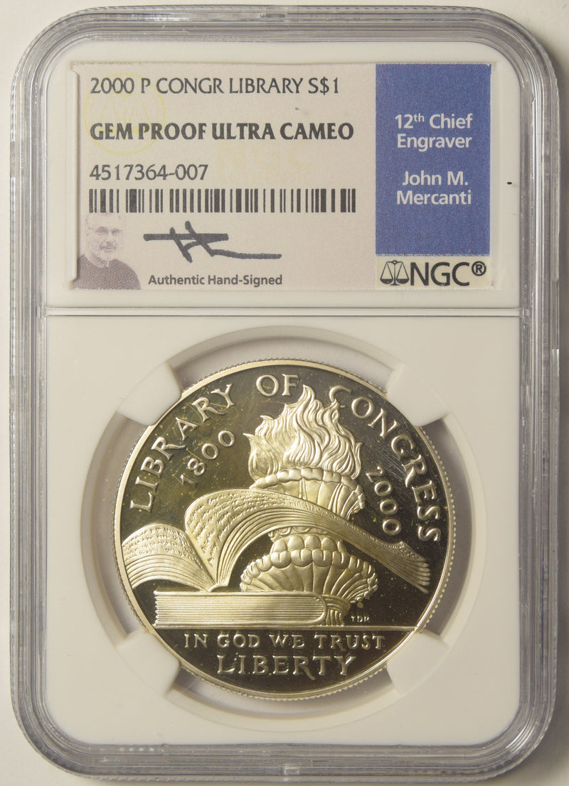 2000-P Library of Congress Dollar . . . . NGC Gem Proof Ultra Cameo John M. Mercanti Autograph, 12th Chief Engraver