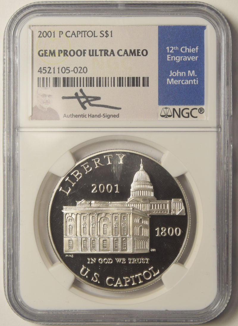 2001-P Capitol Dollar . . . . NGC Gem Proof Ultra Cameo John M. Mercanti Autograph, 12th Chief Engraver