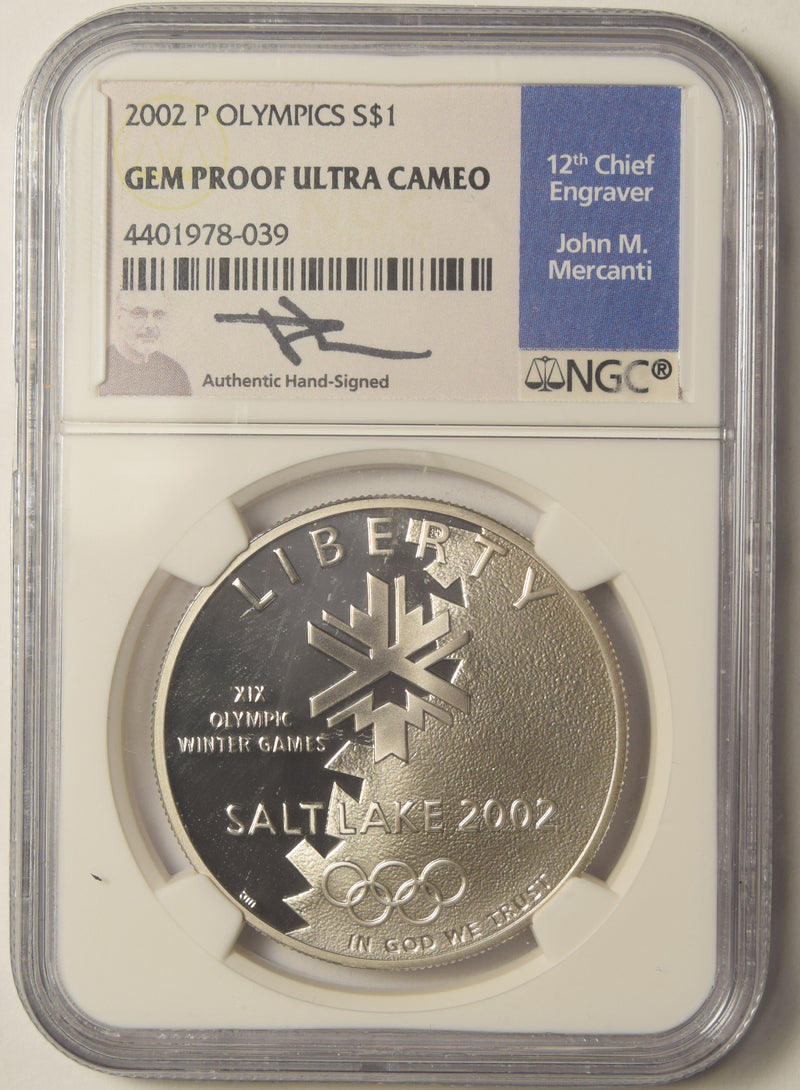 2002-P Olympics Dollar . . . . NGC Gem Proof Ultra Cameo John M. Mercanti Autograph, 12th Chief Engraver