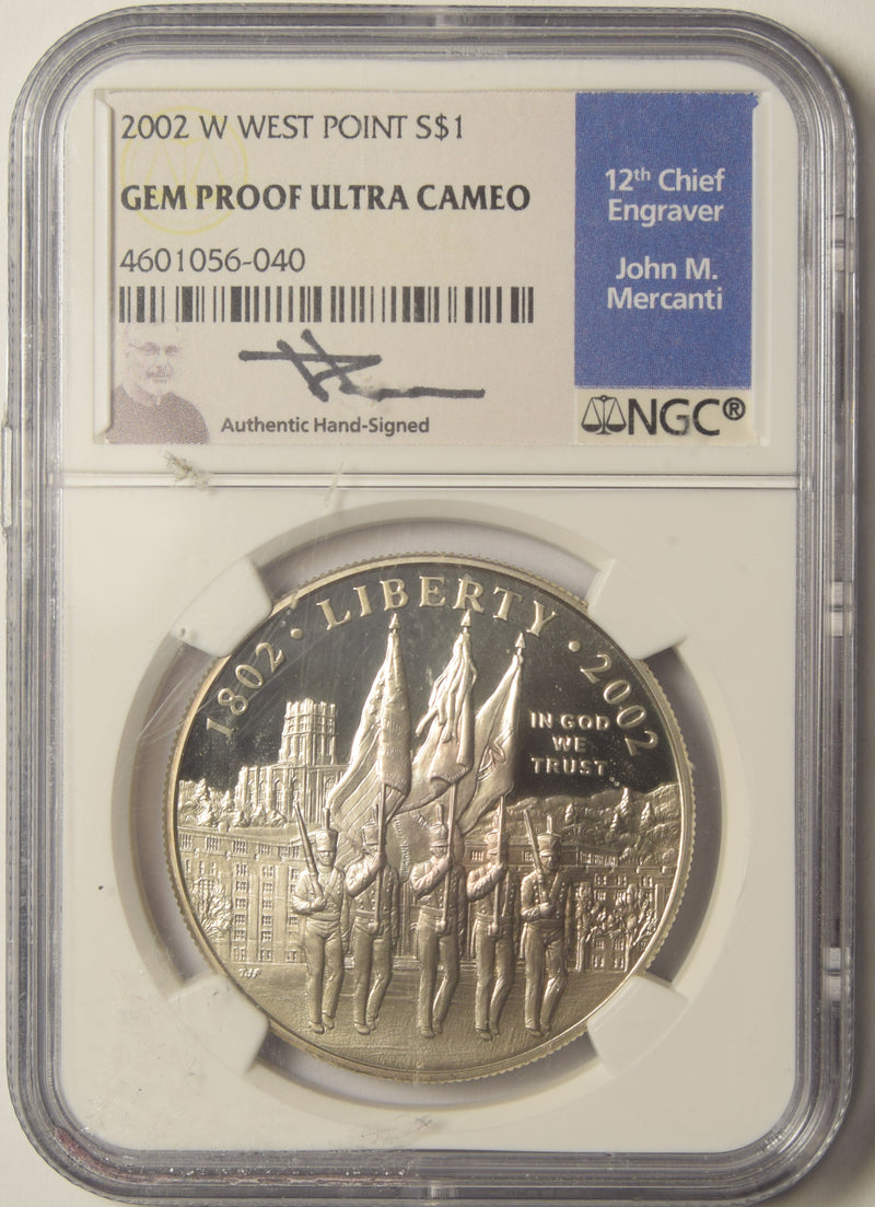 2002-W West Point Dollar . . . . NGC Gem Proof Ultra Cameo John M. Mercanti Autograph, 12th Chief Engraver