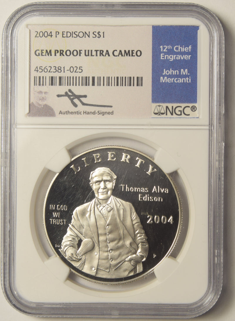 2004-P Thomas Edison Dollar . . . . NGC Gem Proof Ultra Cameo John M. Mercanti Autograph, 12th Chief Engraver