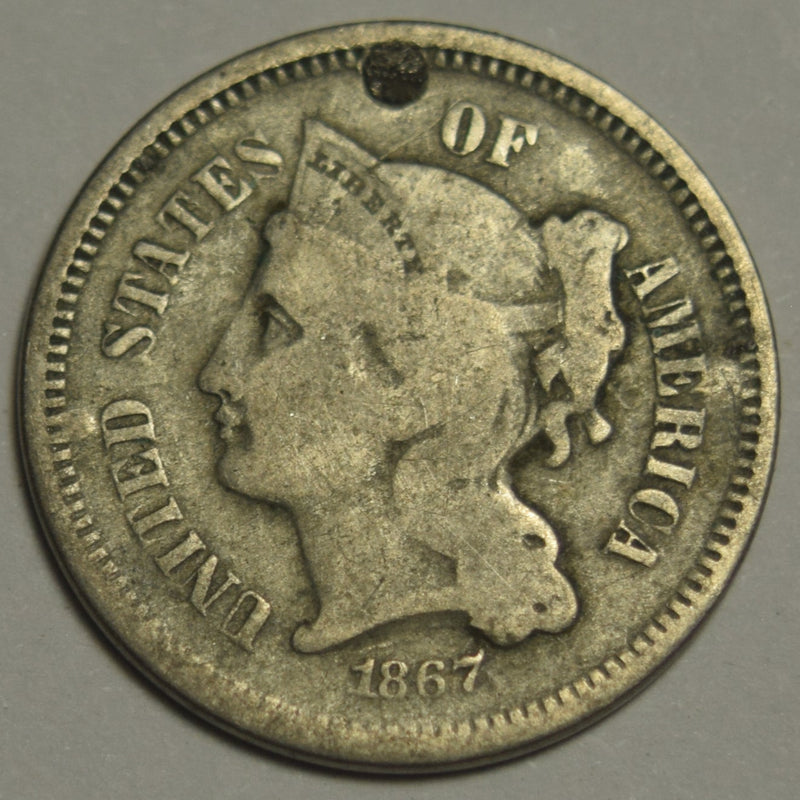 1867 Nickel Three Cent Piece . . . . Fine small holes