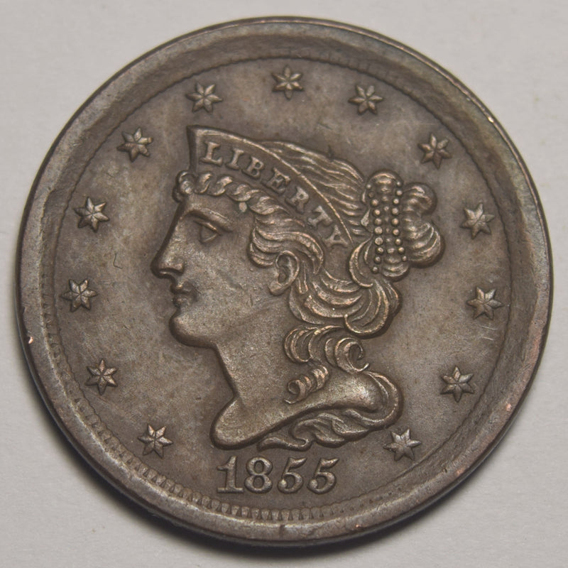 1855 Slant 55 Braided Hair Half Cent . . . . Choice BU Brown