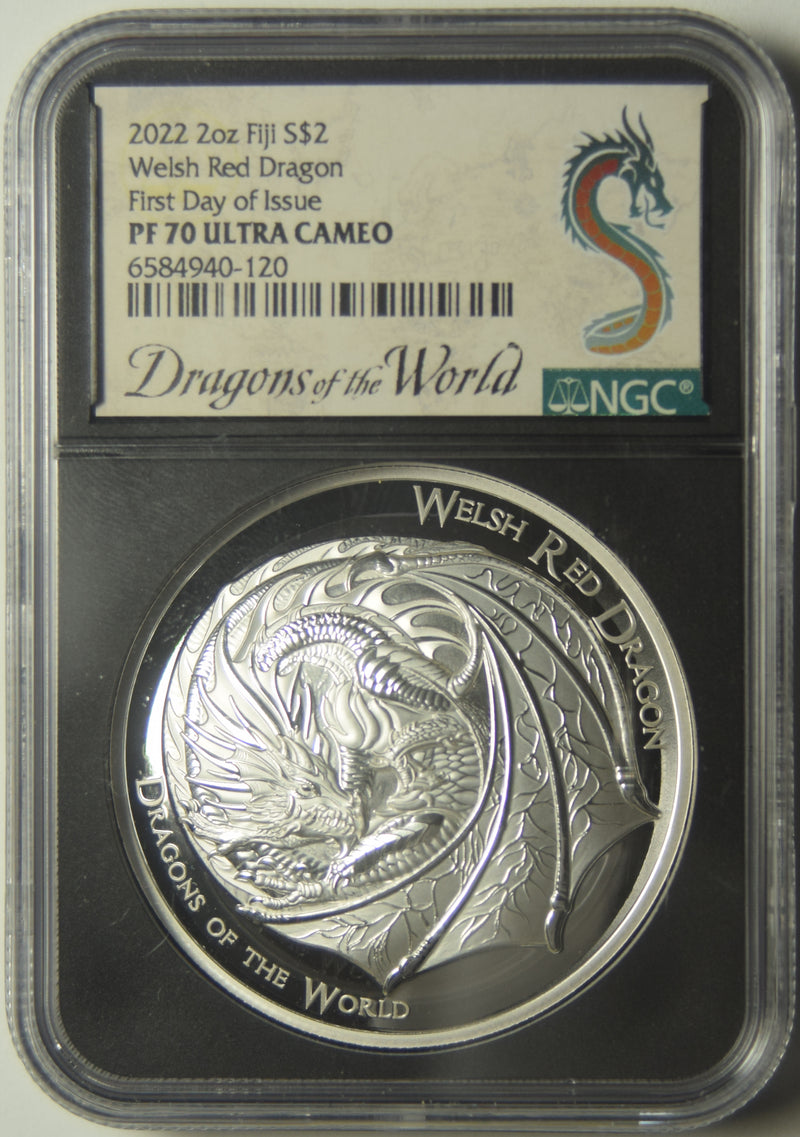 2022 $2 Silver Fiji Welsh Red Dragon Medal . . . . NGC PF-70 Ultra Cameo First Day of Issue