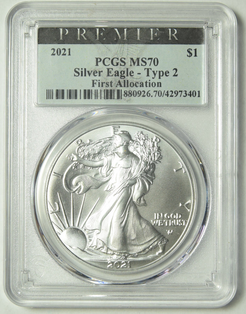 2021 Type 2 Silver Eagle PCGS MS-70 Premier First Allocation