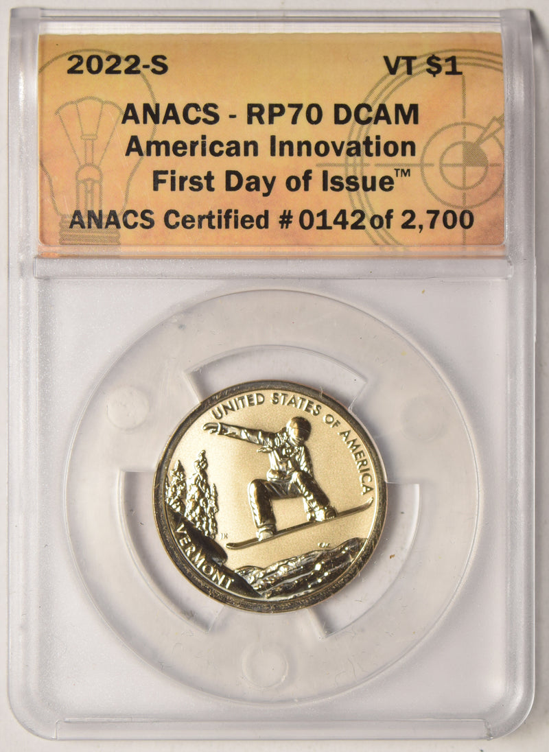 2022-S Vermont Innovation Dollar ANACS RP-70 DCAM First Day of Issue