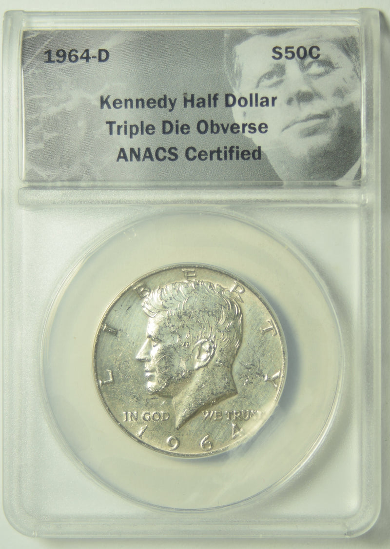 1964-D Kennedy Half . . . . ANACS Triple Die Obverse