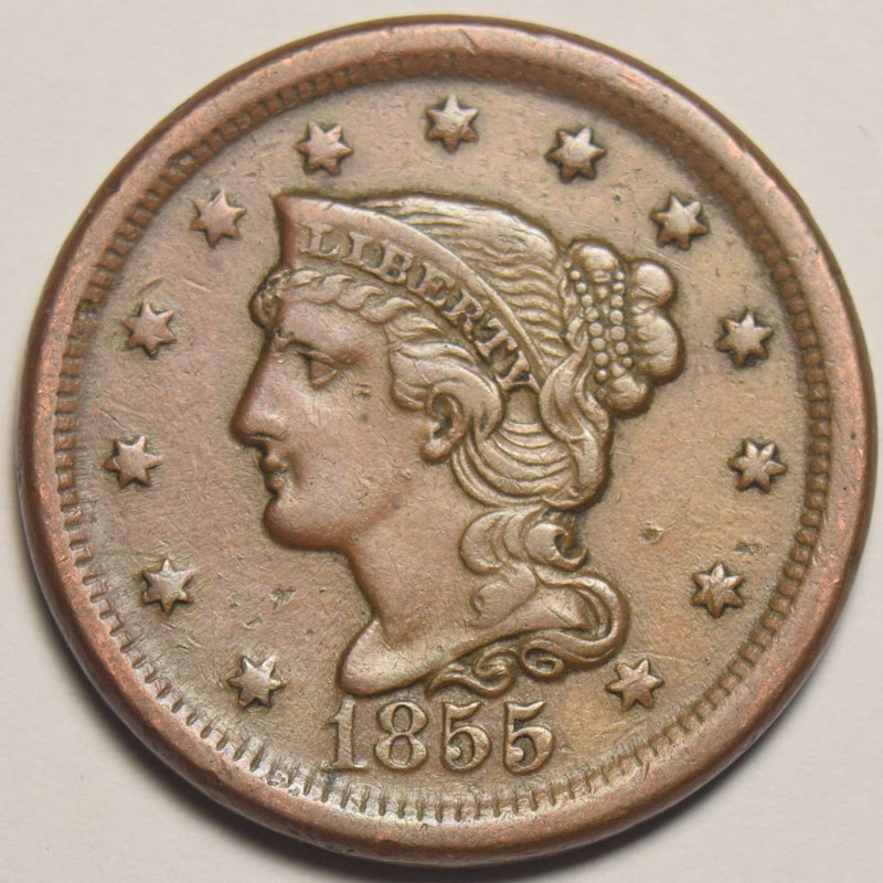 1855 Upright 55 Braided Hair Large Cent . . . . Choice About Uncirculated