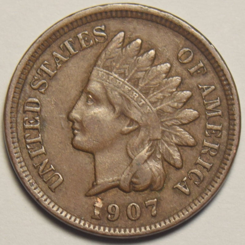 1907 Indian Cent AU damage on date