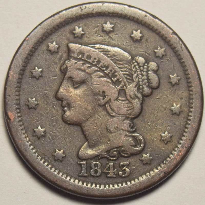 1843 Mature Head Braided Hair Large Cent . . . . Very Fine