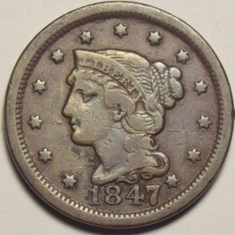 1847 7/7 Braided Hair Large Cent . . . . Very Fine