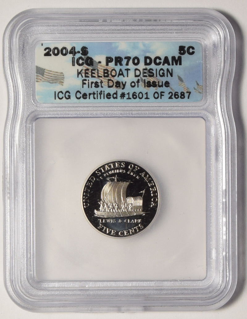 2004-S Keelboat Jefferson Nickel ICG PR-70 DCAM First Day of Issue