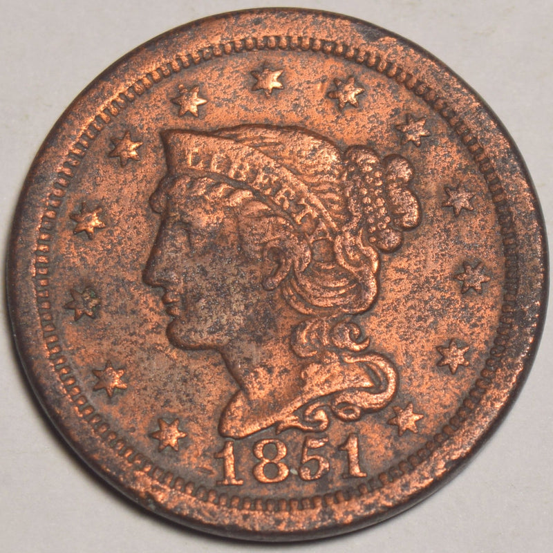 1851 Braided Hair Large Cent VF corrosion