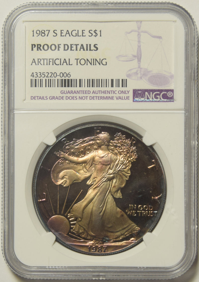 1987-S Silver Eagle NGC Proof Details artificial toning