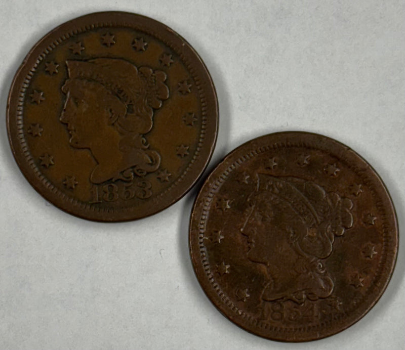 1853 and 1854 Large Cent Pair . . . . Very Fine