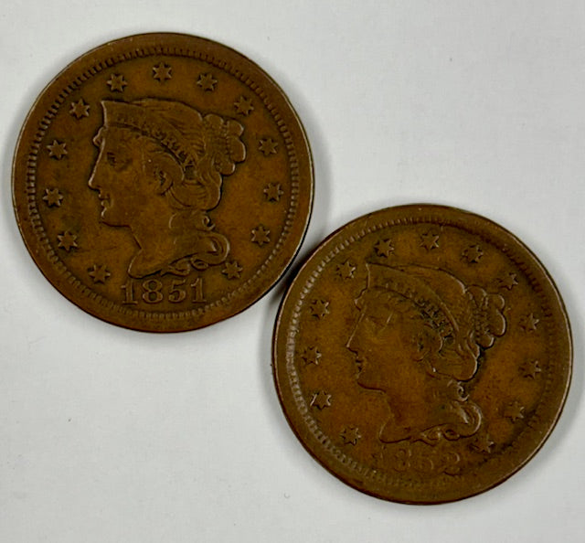 1851 and 1852 Large Cent Pair Very Fine