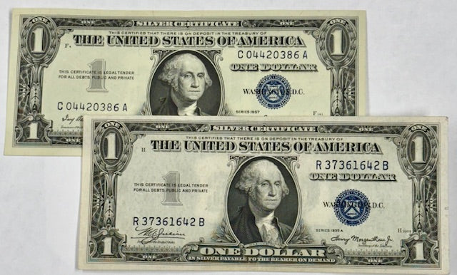 1935 and 1957 $1.00 Silver Certificate Pair . . . . Choice About Uncirculated