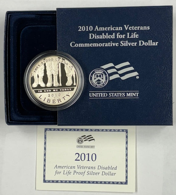 2010-W American Veterans Disabled for Life Silver Dollar . . . . Gem Brilliant Proof in original U.S. Mint Box