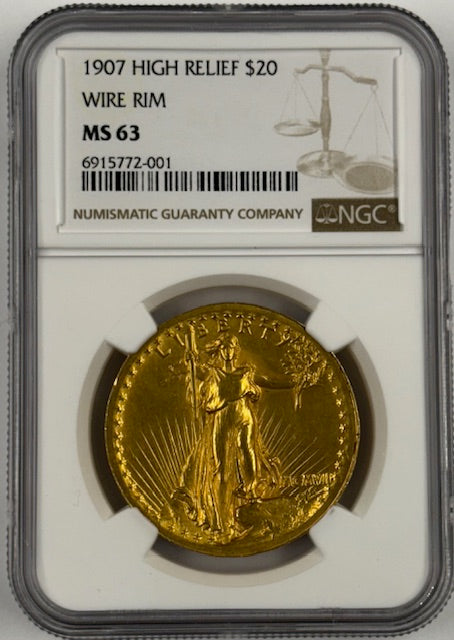 1907 Wire Edge Roman Numeral High Relief St. Gaudens $20.00 Gold NGC Certified MS-63