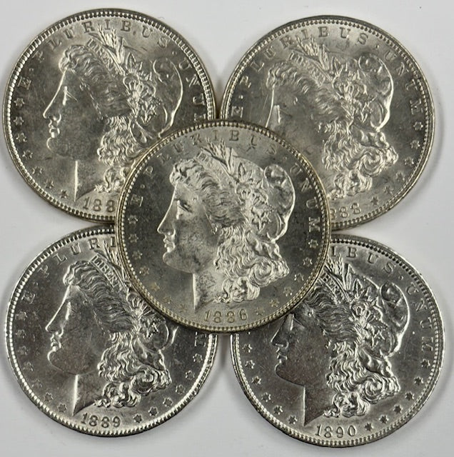 1886, 87, 88, 89, 90 Morgan Dollars Select Brilliant Uncirculated