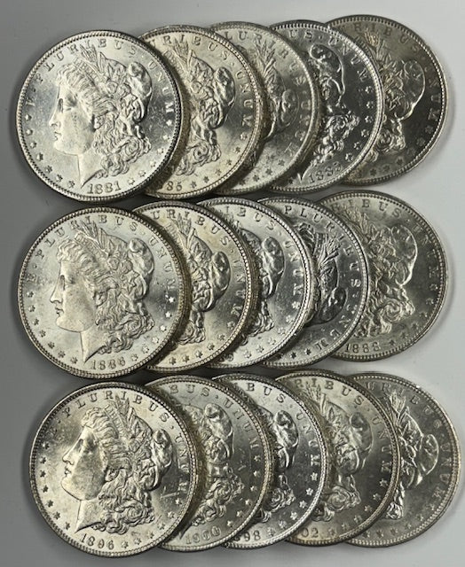 All 15 Morgan Dollars (1881-S, 83-O, 84-O, 85, 85-O, 86, 87, 88, 89, 90, 96, 98, 1900, 02-O, and 04-O) . . . . Select Brilliant Uncirculated