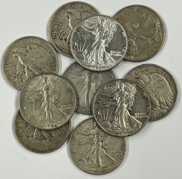 10 Mixed Date Silver Walking Liberty Halves XF/AU Condition