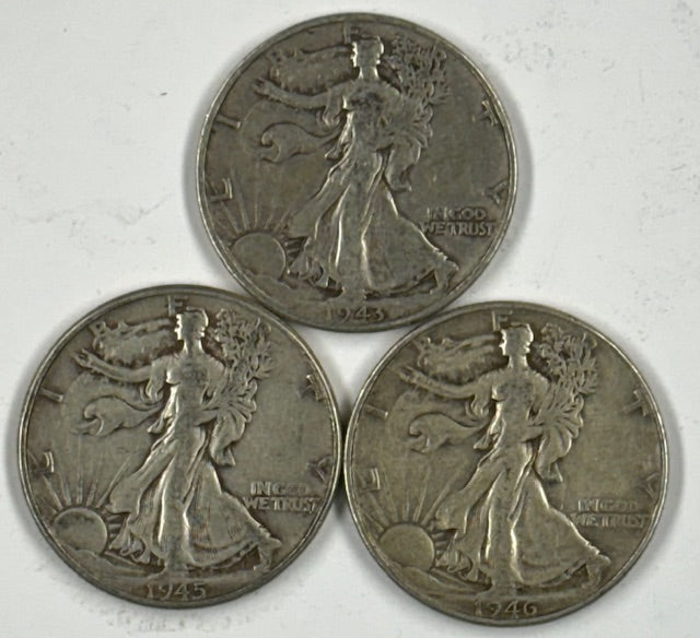 Set of Three Walking Liberty Halves 1943, 1945 and 1946 . . . . Very Fine to Extremely Fine