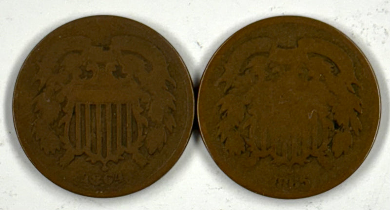 1864 and 1865 Two Cent Pieces .... Good