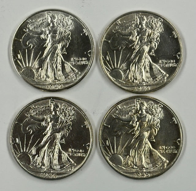 All 4 1942-1945 P-Mint Walking Liberty Halves . . . . Brilliant Uncirculated