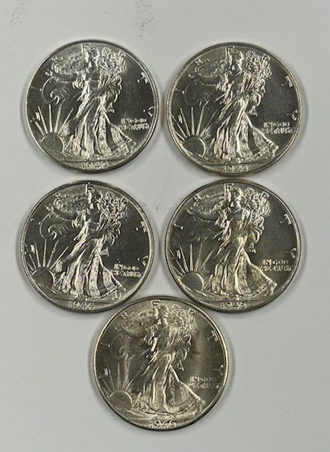 All 5 (1942-1946 P) WWII Era Walking Liberty Half Dollars . . . . Brilliant Uncirculated