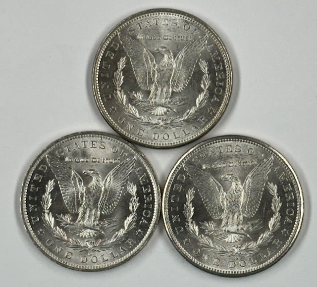 All 3 Mint Morgan Dollars Choice Brilliant Uncirculated P O S