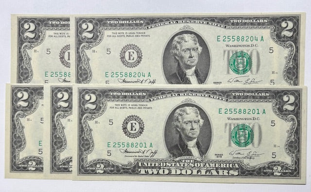 1976 Five Consecutive $2.00 Federal Reserve Notes .... Choice Crisp Unc