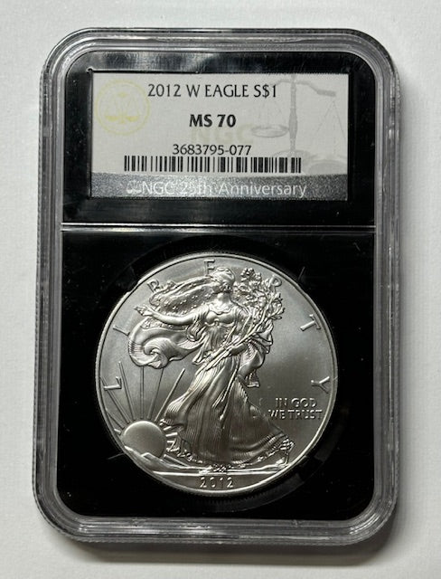 2012-W Burnished Silver Eagle NGC MS-70 NGC 25th Anniversary Retro Holder