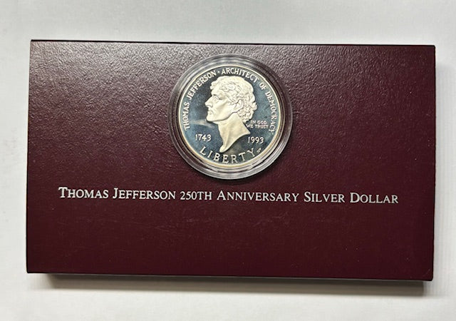 1993-S Jefferson 250th Anniversary Silver Dollar . . . . Gem Brilliant Proof in original U.S. Mint Box