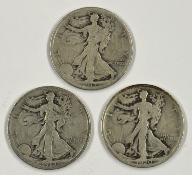 1917,1918 and 1920  Walking Liberty Half Trio .... Good