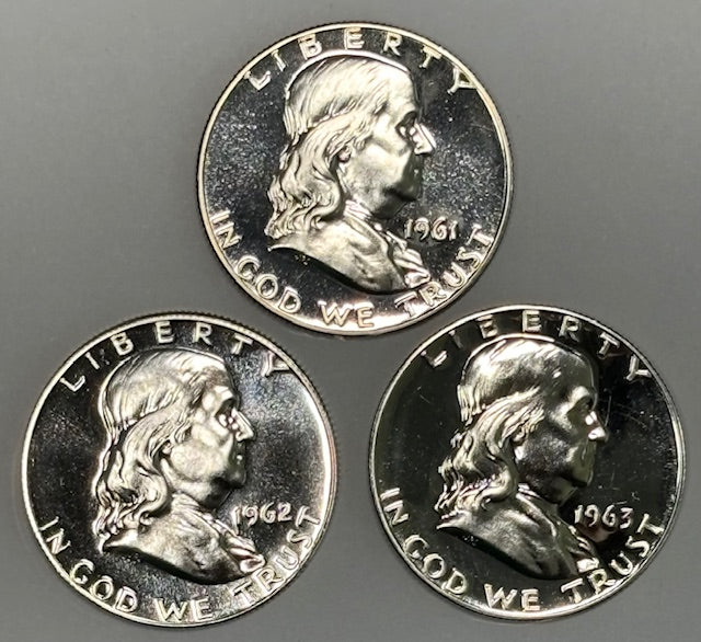 1961, 1962 and 1963 Franklin Half Proof Trio . . . . Gem Brilliant Proof