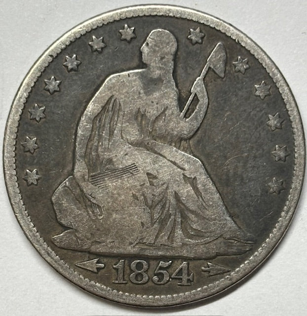 1854 Arrows Seated Liberty Half Rev. Strike Thru . . . . Very Good