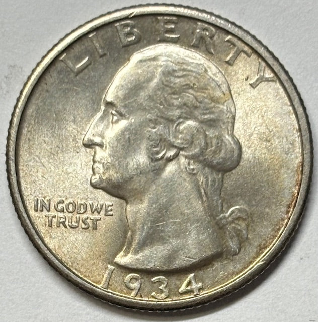 1934 Medium Motto Washington Quarter Gem Brilliant Uncirculated