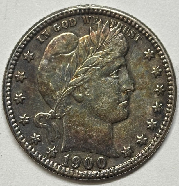 1900-S Barber Quarter . . . . Choice AU reverse rim hit