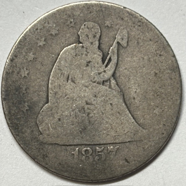 1857-O Seated Liberty Quarter . . . . About Good