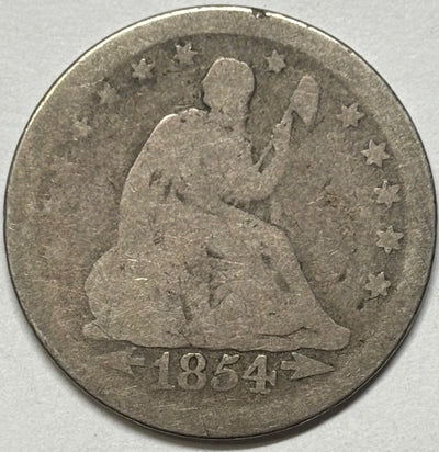 1854 Arrows Seated Liberty Quarter About Good