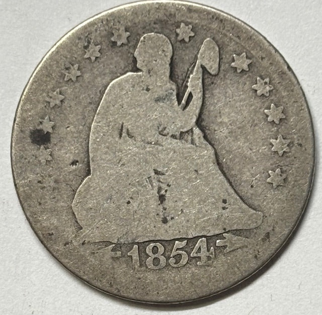 1854-O Arrows Seated Liberty Quarter . . . . About Good