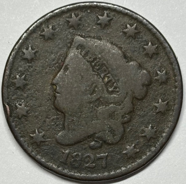 1827 Matron Head Large Cent . . . . VG corroded